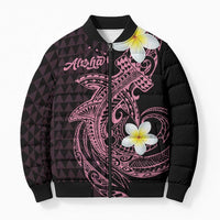Aloha Hammerhead Shark Bomber Puffer Jacket Vivacious Pink Hawaiian Kakau Tribal Tattoo LT9 Unisex Pink - Polynesian Pride