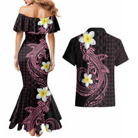 Aloha Hammerhead Shark Couples Matching Mermaid Dress and Hawaiian Shirt Vivacious Pink Hawaiian Kakau Tribal Tattoo