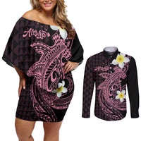 Aloha Hammerhead Shark Couples Matching Off Shoulder Short Dress and Long Sleeve Button Shirt Vivacious Pink Hawaiian Kakau Tribal Tattoo
