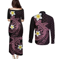 Aloha Hammerhead Shark Couples Matching Puletasi and Long Sleeve Button Shirt Vivacious Pink Hawaiian Kakau Tribal Tattoo