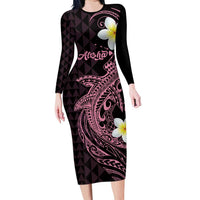 Aloha Hammerhead Shark Long Sleeve Bodycon Dress Vivacious Pink Hawaiian Kakau Tribal Tattoo