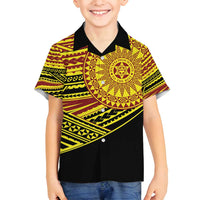 Personalised Tonga Ha apai High School Family Matching Puletasi and Hawaiian Shirt Ngatu Fonulei Pattern LT9 Son's Shirt Gold - Polynesian Pride