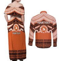 Personalised Tonga Tailulu College Couples Matching Off Shoulder Maxi Dress and Long Sleeve Button Shirt Polynesian Ngatu Tribal