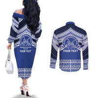 Personalised Tonga Taufa'ahau Pilolevu College Couples Matching Off The Shoulder Long Sleeve Dress and Long Sleeve Button Shirt Polynesian Ngatu Tribal