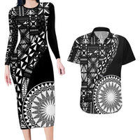 Black Tongan Ngatu Fonulei Pattern Couples Matching Long Sleeve Bodycon Dress and Hawaiian Shirt