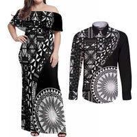 Black Tongan Ngatu Fonulei Pattern Couples Matching Off Shoulder Maxi Dress and Long Sleeve Button Shirt