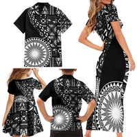 Black Tongan Ngatu Fonulei Pattern Family Matching Short Sleeve Bodycon Dress and Hawaiian Shirt