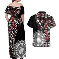 Red Tongan Ngatu Fonulei Pattern Couples Matching Off Shoulder Maxi Dress and Hawaiian Shirt