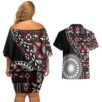 Red Tongan Ngatu Fonulei Pattern Couples Matching Off Shoulder Short Dress and Hawaiian Shirt