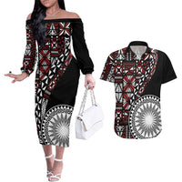 Red Tongan Ngatu Fonulei Pattern Couples Matching Off The Shoulder Long Sleeve Dress and Hawaiian Shirt