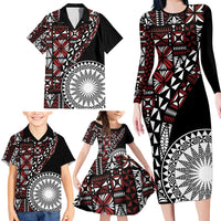 Red Tongan Ngatu Fonulei Pattern Family Matching Long Sleeve Bodycon Dress and Hawaiian Shirt