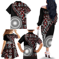 Red Tongan Ngatu Fonulei Pattern Family Matching Off The Shoulder Long Sleeve Dress and Hawaiian Shirt