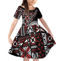 Red Tongan Ngatu Fonulei Pattern Family Matching Off Shoulder Short Dress and Hawaiian Shirt