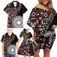 Red Tongan Ngatu Fonulei Pattern Family Matching Off Shoulder Short Dress and Hawaiian Shirt