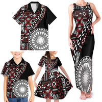 Red Tongan Ngatu Fonulei Pattern Family Matching Tank Maxi Dress and Hawaiian Shirt