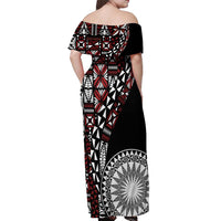 Red Tongan Ngatu Fonulei Pattern Off Shoulder Maxi Dress