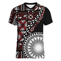 Red Tongan Ngatu Fonulei Pattern Women V-Neck T-Shirt