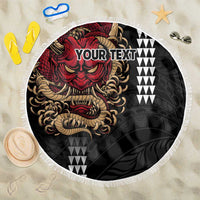 Hawaii and Japanese Oni Mask Personalised Beach Blanket Kakau Pattern Dark Art Style