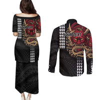 Hawaii and Japanese Oni Mask Personalised Couples Matching Puletasi and Long Sleeve Button Shirt Kakau Pattern Dark Art Style