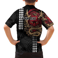 Hawaii and Japanese Oni Mask Personalised Family Matching Off Shoulder Maxi Dress and Hawaiian Shirt Kakau Pattern Dark Art Style