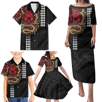 Hawaii and Japanese Oni Mask Personalised Family Matching Puletasi and Hawaiian Shirt Kakau Pattern Dark Art Style