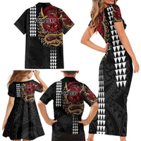 Hawaii and Japanese Oni Mask Personalised Family Matching Short Sleeve Bodycon Dress and Hawaiian Shirt Kakau Pattern Dark Art Style