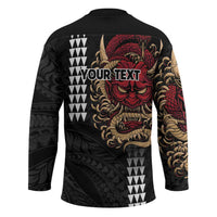 Hawaii and Japanese Oni Mask Personalised Hockey Jersey Kakau Pattern Dark Art Style - Polynesian Pride