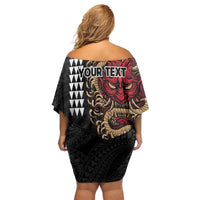 Hawaii and Japanese Oni Mask Personalised Off Shoulder Short Dress Kakau Pattern Dark Art Style