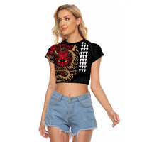 Hawaii and Japanese Oni Mask Personalised Raglan Cropped T Shirt Kakau Pattern Dark Art Style