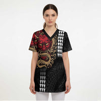 Hawaii and Japanese Oni Mask Personalised Scrub Top Kakau Pattern Dark Art Style - Polynesian Pride