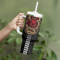 Hawaii and Japanese Oni Mask Personalised Tumbler With Handle Kakau Pattern Dark Art Style