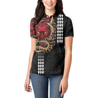 Hawaii and Japanese Oni Mask Personalised Women Polo Shirt Kakau Pattern Dark Art Style