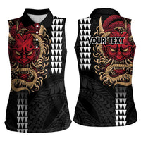 Hawaii and Japanese Oni Mask Personalised Women Sleeveless Polo Shirt Kakau Pattern Dark Art Style