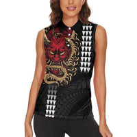 Hawaii and Japanese Oni Mask Personalised Women Sleeveless Polo Shirt Kakau Pattern Dark Art Style