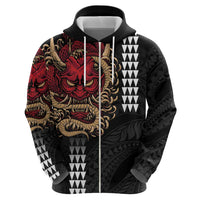 Hawaii and Japanese Oni Mask Personalised Zip Hoodie Kakau Pattern Dark Art Style