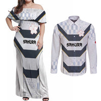 Japan Pacific Rugby 2022-23 Custom Couples Matching Off Shoulder Maxi Dress and Long Sleeve Button Shirt Black Sakura Japanese Wave Pattern