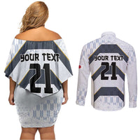 Japan Pacific Rugby 2022-23 Custom Couples Matching Off Shoulder Short Dress and Long Sleeve Button Shirt Black Sakura Japanese Wave Pattern