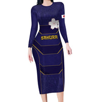 Japan Pacific Rugby 2022-23 Custom Family Matching Long Sleeve Bodycon Dress and Hawaiian Shirt Blue Sakura Japanese Wave Pattern