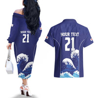 Japan Pacific Rugby Custom Couples Matching Off The Shoulder Long Sleeve Dress and Hawaiian Shirt Go Sakura Japanese Wave Pattern