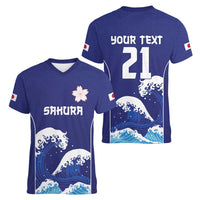 Japan Pacific Rugby Custom Women V-Neck T-Shirt Go Sakura Japanese Wave Pattern