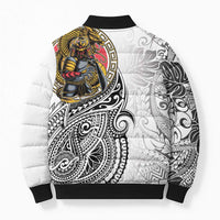 Japanese Samurai Warrior Bomber Puffer Jacket White Polynesian Tattoo Style - Polynesian Pride