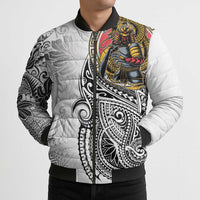 Japanese Samurai Warrior Bomber Puffer Jacket White Polynesian Tattoo Style - Polynesian Pride