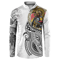 Japanese Samurai Warrior Button Sweatshirt White Polynesian Tattoo Style LT9 White - Polynesian Pride