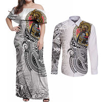Japanese Samurai Warrior Couples Matching Off Shoulder Maxi Dress and Long Sleeve Button Shirt White Polynesian Tattoo Style