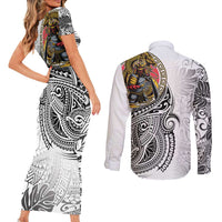 Japanese Samurai Warrior Couples Matching Short Sleeve Bodycon Dress and Long Sleeve Button Shirt White Polynesian Tattoo Style
