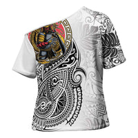 Japanese Samurai Warrior Cross Shoulder Shirt White Polynesian Tattoo Style - Polynesian Pride