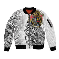 Japanese Samurai Warrior Sleeve Zip Bomber Jacket White Polynesian Tattoo Style
