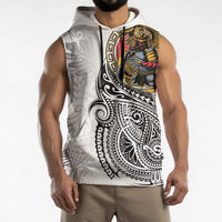 Japanese Samurai Warrior Sleeveless Hoodie White Polynesian Tattoo Style - Polynesian Pride