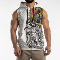 Japanese Samurai Warrior Sleeveless Zip Hoodie White Polynesian Tattoo Style - Polynesian Pride