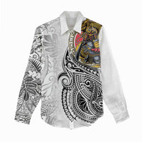 Japanese Samurai Warrior Women Casual Shirt White Polynesian Tattoo Style